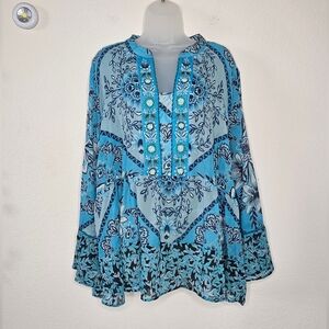 Soft Surroundings Boho Floral Embroidered Peasant Eyelet Flowy Tissueweight Top